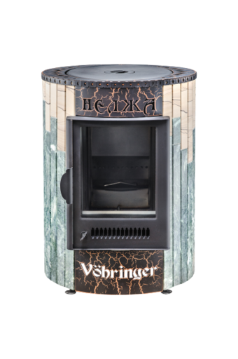 Печь отопительная Нелжа в облицовке Окаменевшее дерево  + Россо Леванте