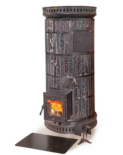 Печь банная "Русская баня" закрытая каменка в облицовке Амфиболит КДМ  вид с боку