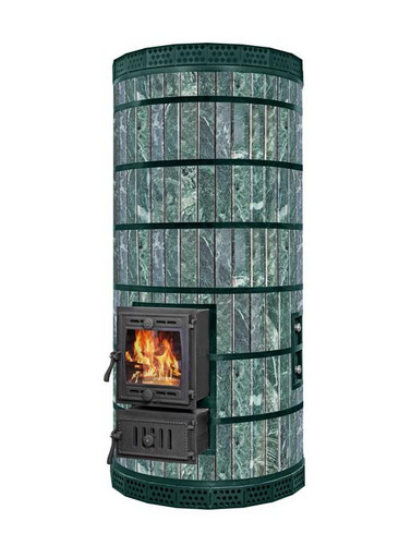 Печь банная "Обращенка-КДМ" в облицовке Змеевик, с обращенным пламенем вид с боку