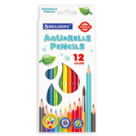 Карандаши цветные акварельные BRAUBERG PREMIUM AQUARELLE, 12 цветов, грифель 4 мм, 181671