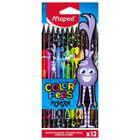 Карандаши цветные MAPED "COLOR PEP'S Black Monster", набор 12 цветов, пластиковый корпус, 862612