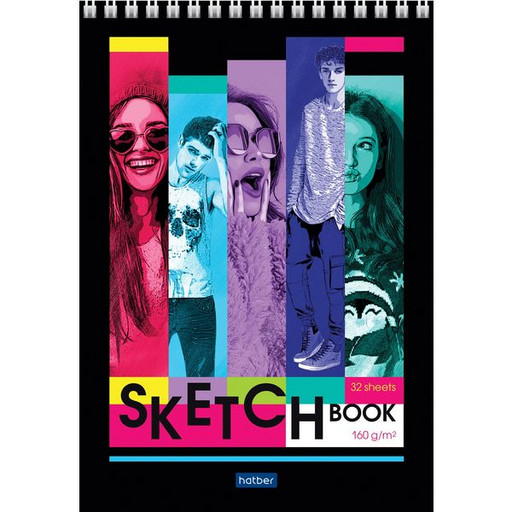 Скетчбук А5, 32 л., 160 г/м², бел. блок, гребень сверху, Hatber Zoom faces (с пошаговыми эскизами)