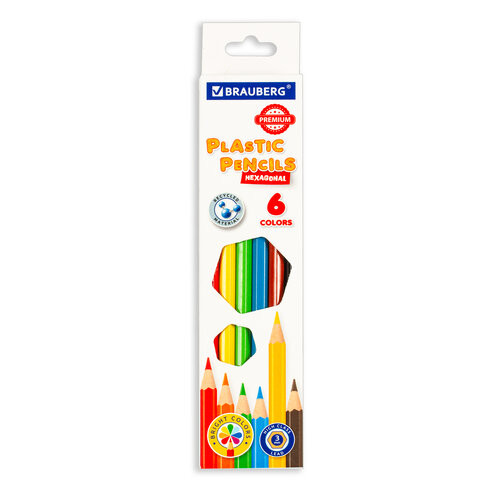 Карандаши цветные BRAUBERG PREMIUM, 6 цветов, пластиковые, шестигранные, грифель мягкий 3 мм, 181665