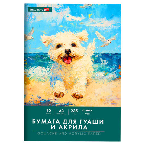 Бумага для гуаши и акрила А3 10 л., 235 г/м2, 297х420 мм, в папке, BRAUBERG ART CLASSIC, "Море", 117734