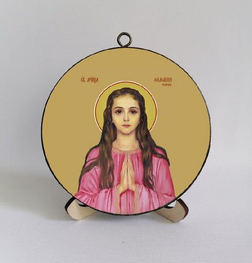 Мученица Филомена Римская. Круглая икона на дереве. Диаметр 12 см. Толщина 1,5 см, арт К018