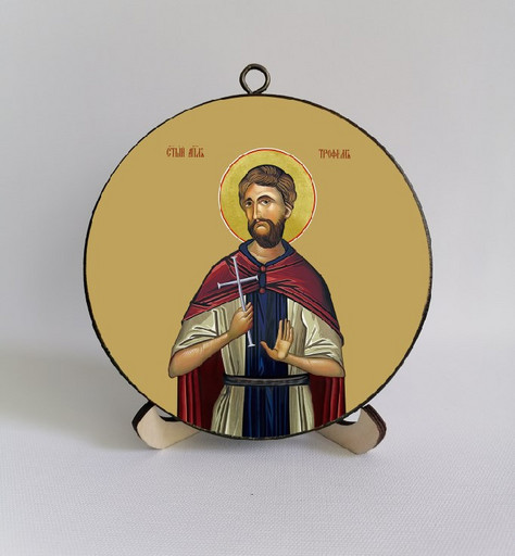 Святой апостол Трофим. Круглая икона на дереве. Диаметр 12 см. Толщина 1,5 см, арт К022