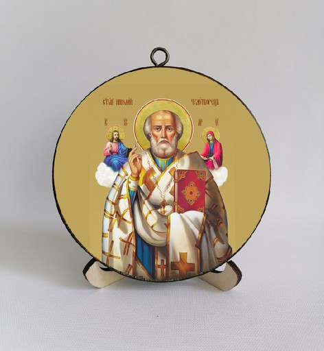 Николай Чудотворец. Круглая икона на дереве. Диаметр 12 см. Толщина 1,5 см, арт К031