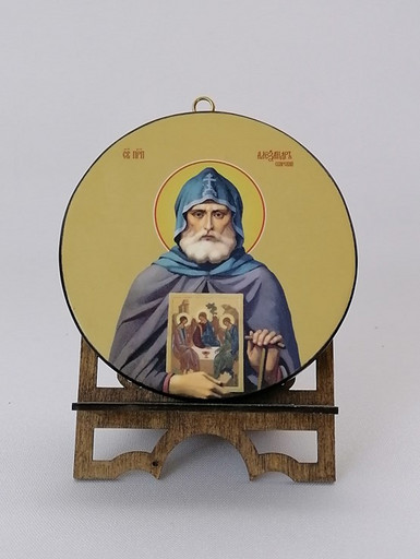 Александр Свирский. Круглая икона на дереве. Диаметр 12 см. Толщина 1,5 см, арт К045