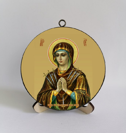 Умягчение злых сердец. Круглая икона на дереве. Диаметр 12 см. Толщина 1,5 см, арт К019