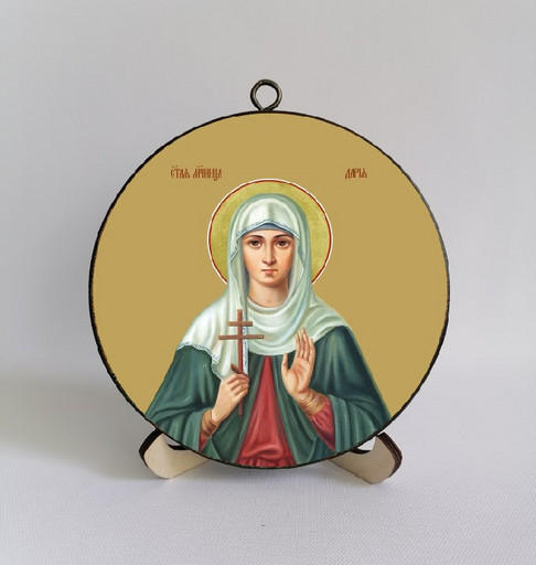 Мученица Дарья Римская. Круглая икона на дереве. Диаметр 12 см. Толщина 1,5 см, арт К021