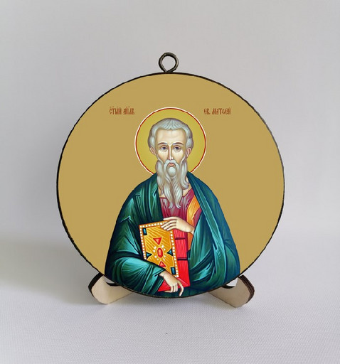 Матвей Евангелист. Круглая икона на дереве. Диаметр 12 см. Толщина 1,5 см, арт К027