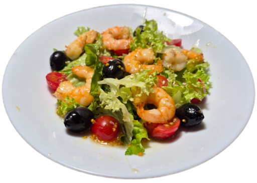 Салат с жареной креветкой и помидором Черри