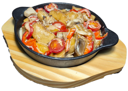 Сковородка Картофельные дольки с шашлыком, грибами и овощами